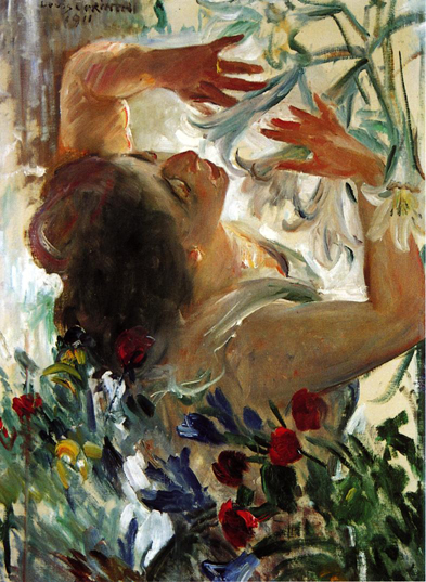 Woman with lilies in a greenhouse