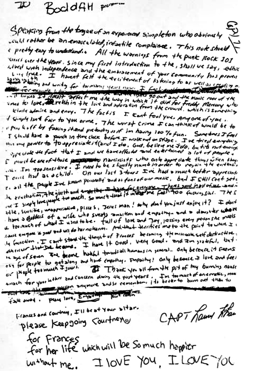 Cobain, 1994, Kurt Cobain’s suicide note